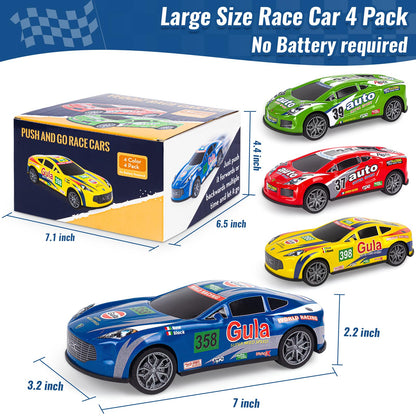 7 Inch Friction Powered Car Toys Set 4 Pack Push and Go Pull Back Race Trucks Toy Cars for Toddlers 3 4 5 6 Year Old Boys Girls Kids Birthday Gifts