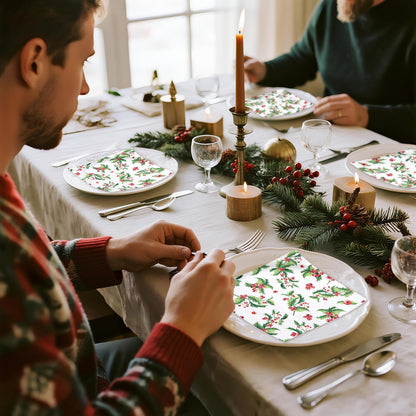 WRAPAHOLIC 50Pcs Christmas Paper Napkins - 3 Ply Xmas Holly Mistletoe Disposable Cocktail Napkin for Christmas Party Supplies Tableware - 5 x 5 In