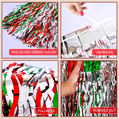 LOLStar Christmas Party Decorations, 2 Pack Red White and Green Wavy Metallic Tinsel Foil Fringe Table Skirt for Rectangle & Round Tables, Perfect Table Decorations for Christmas Ugly Sweater Party