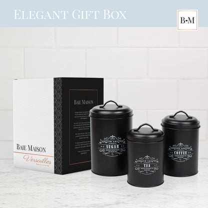 Baie Maison Large Black Kitchen Canisters Set of 3 - Farmhouse Canister Sets for Kitchen Counter - Coffee Tea Sugar Container Set - Rustic Kitchen Canisters for Countertop - Metal Kitchen Decor Jars