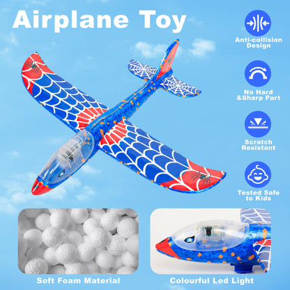 HitToys Airplane Launcher Toy for Kids&Hover Soccer Ball Toy for Kids, 3 Pack Spider Foam Gliders Air Planes,2 Pack Indoor Soccer Ball with Led Light for Old Boys Girls Outside Sport Games Birthday
