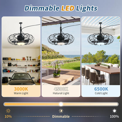 AHAWILL Outdoor Ceiling Fan with Light,20in Gazebo Fan with Remote and APP, 6 Speed,Dimmable 3 Color,Waterproof Cage Fan for Patio,Porch, Pergola,Canopy (dark black)