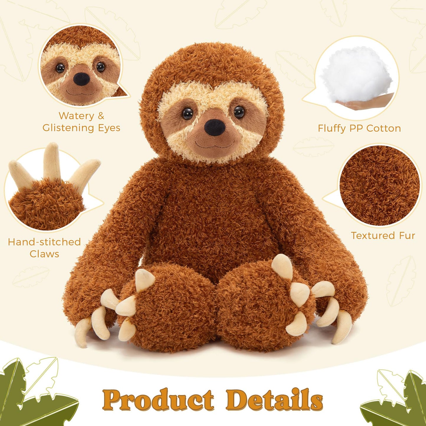 MorisMos Sloth Stuffed Animal 18" Plush Sloth Plush Toy Sloth Plushie Huggable Sloth Pillow Stuffed Sloth Toy Gifts for Boys Girls and Kids for Comforting Companion Imaginative Play