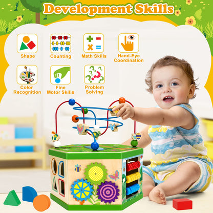 Wooden Activity Cube for 12-18 Month, 1 Year old Boys & Girls, 7-in-1 STEM Montessori Early Developmental Learning Toys for Kids Aged 1-2, Ideal 1st Birthday Gift Toys for Baby, Toddlers (Pink)