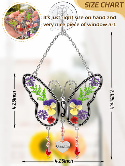 KUNDGLA Butterfly Suncatcher Grandma Stained Glass Sun Catcher for Windows Hangings Ornament with Pressed Real Flower Wings in Glass and Metal Heart Charm Birthday Gift for Women Mothers Day Christmas