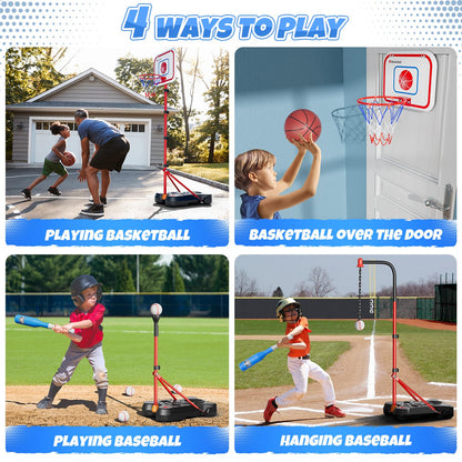 HopeRock 2 in 1 Kids Basketball Hoop and T Ball Set, Adjustable Basket Ball Stand,Hanging Tee Baseball for Toddlers Boys Girls Ages 2 3 4 5 6 7 8 Years Old, Outdoor Toys Gifts