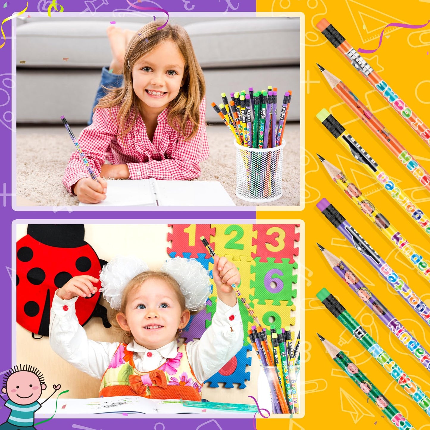 Spakon 100 Pcs Kindergarten Pencils for Kids Girls Cute Kindergarten Pencils Kindergarten Here I Come School Supplies for Classroom Reward Party Favor with Erasers