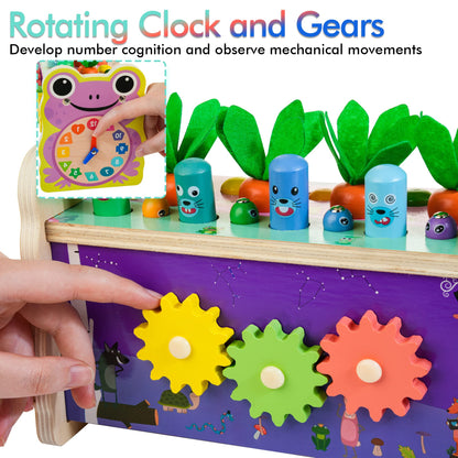 Amtreen 6-in-1 Wooden Montessori Toys for 1 Year Old, Mole-Tapping Game | Play the Xylophone | Frog Clock | Carrot Harvest Game | Spinning Gear, Baby Girls Toy Birthday Gift Early Learning