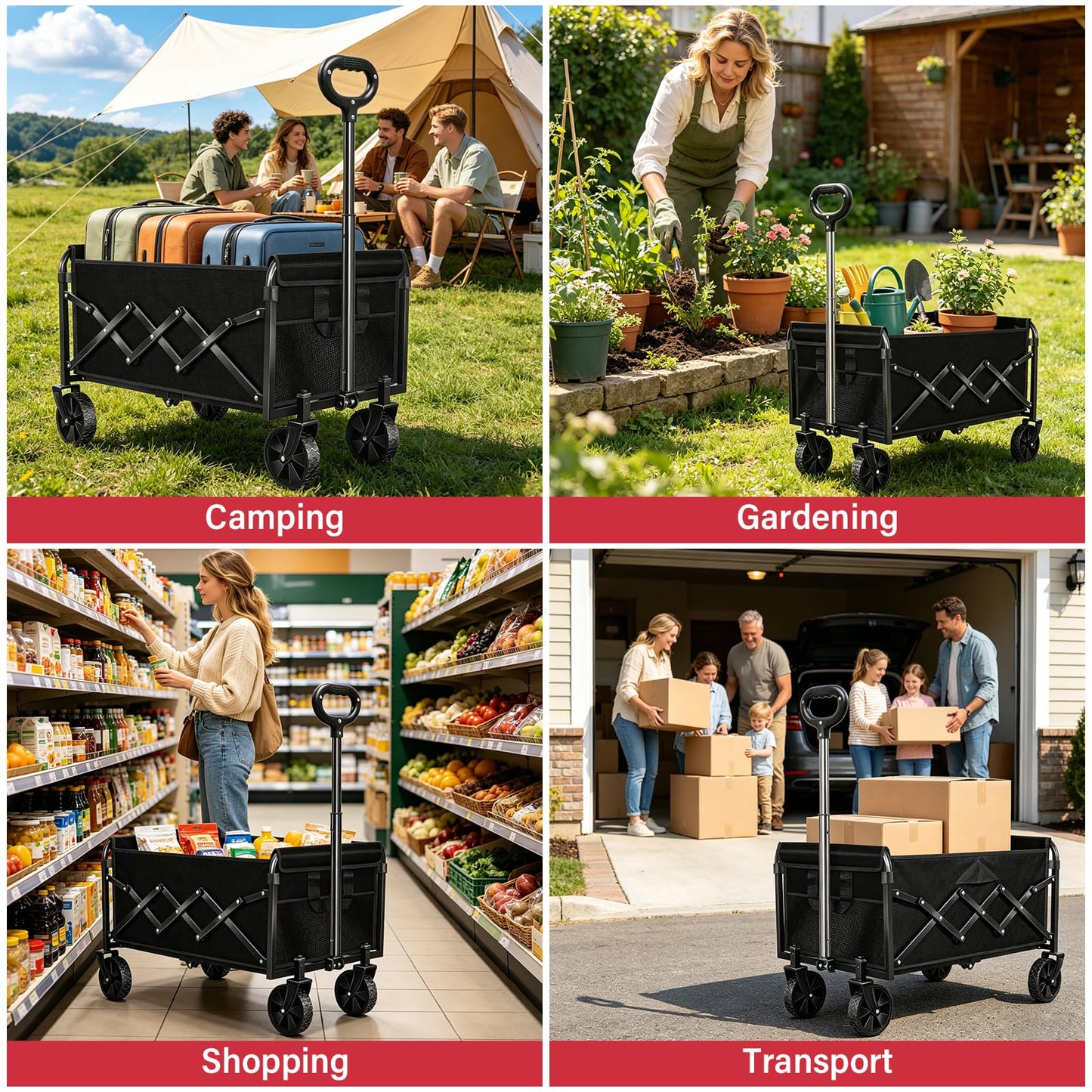 Folding Wagon Cart with All-Terrain Wheels – Heavy Duty Collapsible Utility Wagon for Grocery, Sports, Garden, Camping, Shopping (Black 360LBS)