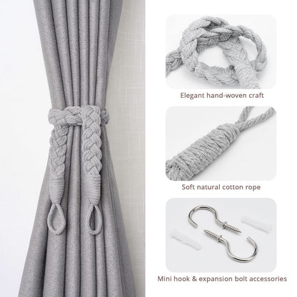 NICEEC 2 Pack Natural Cotton Rope Curtain Tiebacks Elegant Boho Style Decorative Drape Tie Backs Soft Hand-Woven Rope Curtain Holdbacks with Metal Hook for Home & Office Drapery (Light Grey)