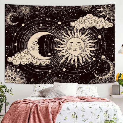 Wonrizon Sun and Moon Tapestry, Aesthetic Black Dark Spiritual Tapestries Mystic Burning Sun with Clouds Star Wall Hanging decor for Bedroom (30"x40")