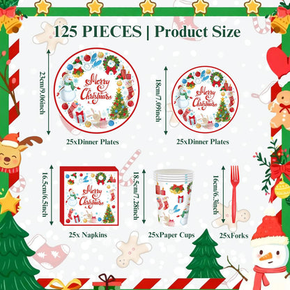 Slynxr 125PCS Christmas Party Supplies with Christmas Paper Plates and Napkins, Paper Cups & Forks Disposable Holiday Snowman Snowflake Party Supplies Decoration Serves 25