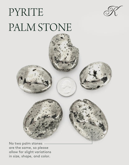 KALIFANO Pyrite Palm Stone - High Energy Iron Piedra Pirita from Spain with Healing Properties (Information Card) Fools Gold Rock Reiki Crystal Used for Increased Willpower and Manifestation