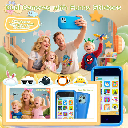 PAMOX Kids Toy Phones with Dual Camera, Learning Toys Phones Gifts for Kid 3-12 with 200+ Educational Puzzle Games, 4" Touchscreen Rechargeable Blue Child Smartphones with Parental Control