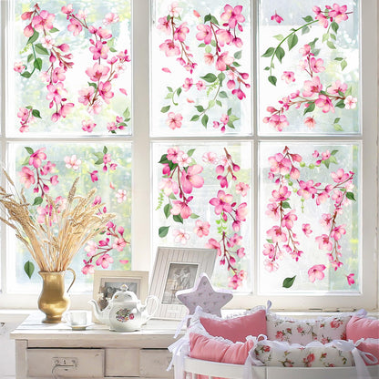 Supzone Spring Cherry Blossom Flowers Window Clings Valentine's Day Pink Hanging Flower Window Decals Anti-Collision Static Stickers for Women Girls Room Decor