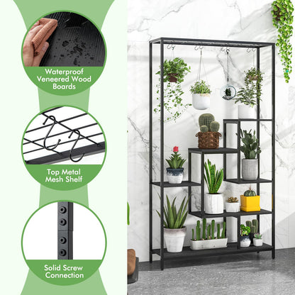 Giantex 71" Tall Plant Stand Indoor, 6-Tier Metal Plant Shelf with 10 Hanging Hooks, Multiple Potted Flower Bonsai Pots Display Rack for Indoor, Balcony, Living Room (Black)