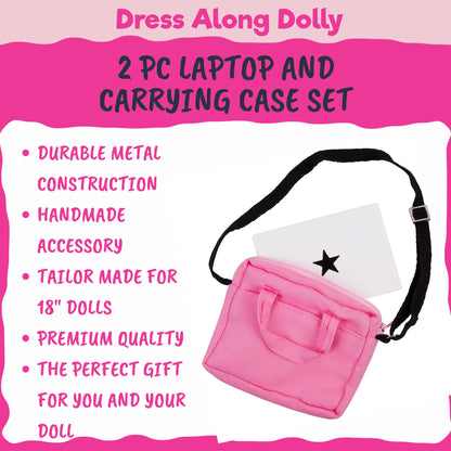 Dress Along Dolly Metal Laptop for 18-Inch Dolls - Premium Heavy-Duty Doll Computer with Pink Carrying Bag - Fits American Girl & Our Generation - Durable Metal School Accessory