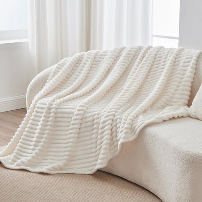 BEDELITE Fleece Throw Blanket for Couch - 300GSM Soft & Warm Fluffy Cream White Blanket, Decorative and Giftable Striped Blankets for Women, Men, 50"x60"
