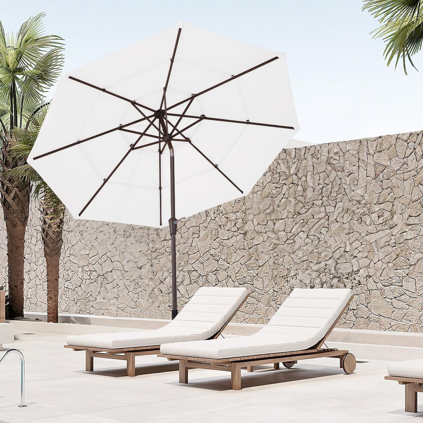 JEAREY 9FT 3 Tier Patio Umbrella Outdoor Market Umbrella Table Umbrellas with 8 Ribs 1.5 Pole Push Button Tilt and Crank UV Protection for Garden,Off-white
