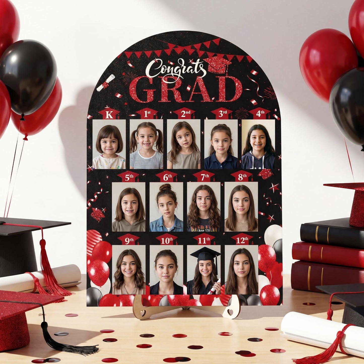 Leinuosen K-12 Graduation Picture Display for Party Decoration, Kindergarten to 12th Congrats Grade Photo Display Wood Picture Board for Senior High School Graduation Decoration(Black Red)