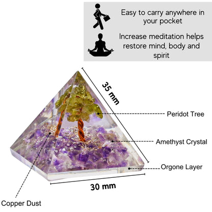 Amazing Gemstone Amethyst with Peridot Tree Orgone Pyramid - 30mm Small Orgonite Pyramids with Crystals and Healing Stones - Authentic Organite Gifts