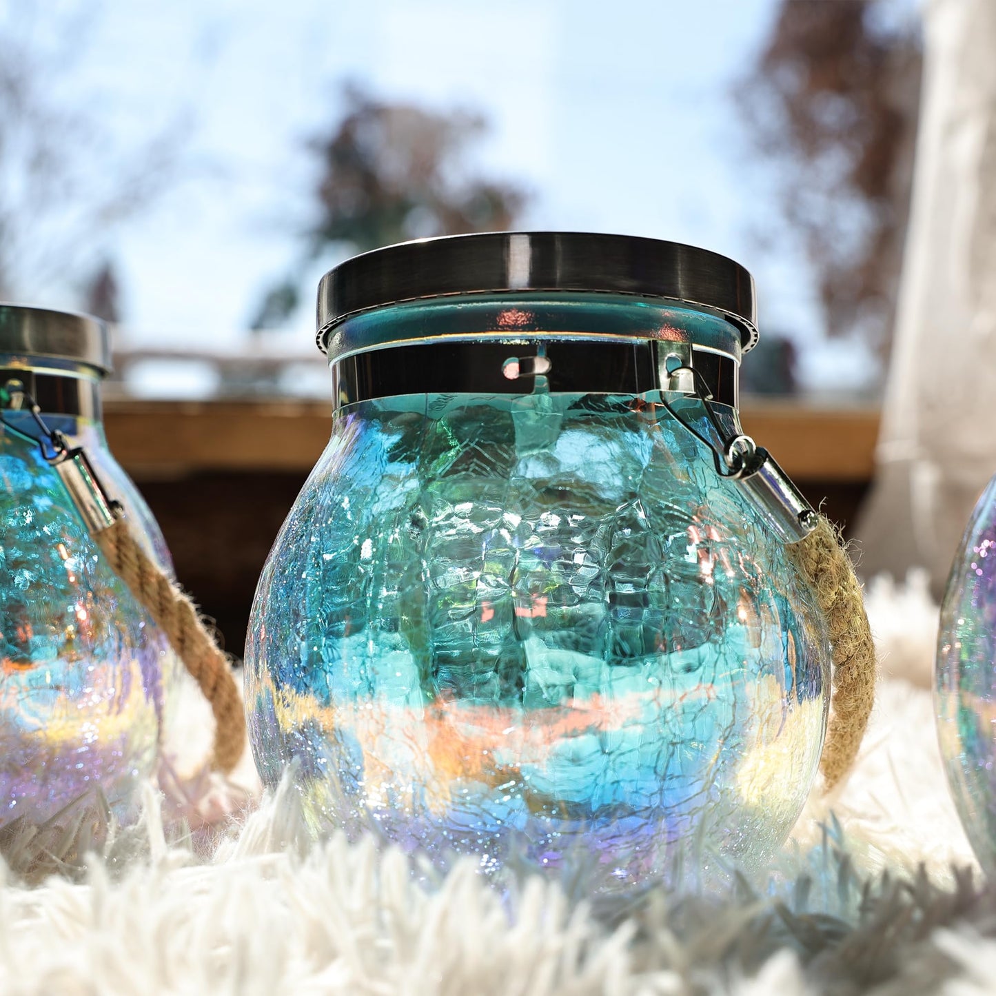 Cooo Gift for her him 2 Pack Solar Lanterns Waterproof Outdoor Iridescent Heavy Crackle Glass a Big LED Stainless Steel Lid 215% Solar for Women Mom Grandma Outdoor Table Lamps Garden Backyard Decor