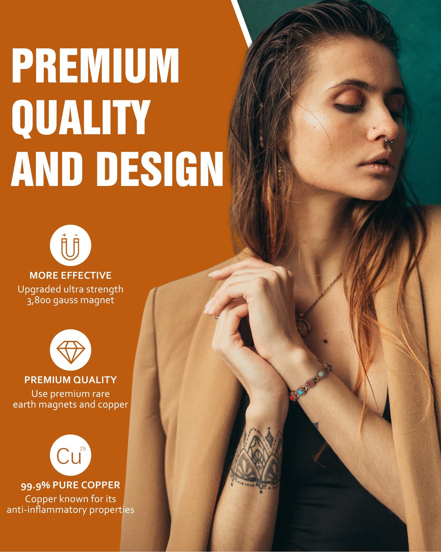 Jecanori Copper Bracelets for Women, Magnetic Bracelets for Women with 3800 Gauss Ultra Magnets and Sizing Tool, Elegant Round Gemstone