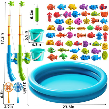 JUKUDAHU Magnet Fishing Toys Game for Kids 3-5 - Floating Fish Toys with Inflatable Kiddie Pool, Bath for Toddlers, Pole Rod Net, Outdoor Party for Boys Girls Kids Age 3 4 5 6 7 8 Year Old