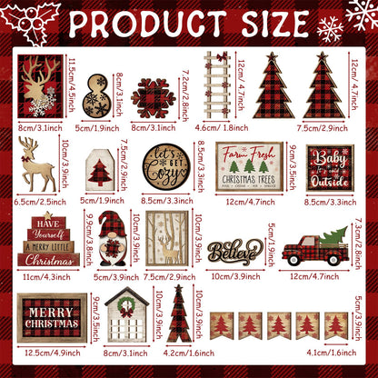 Shellwei 24 Pcs Christmas Tiered Tray Decor Wood Rustic Christmas Decoration for Home Table Shelf Winter Farmhouse Decor Xmas Trees Gnome Elk Snowflake Signs (Buffalo Plaid)
