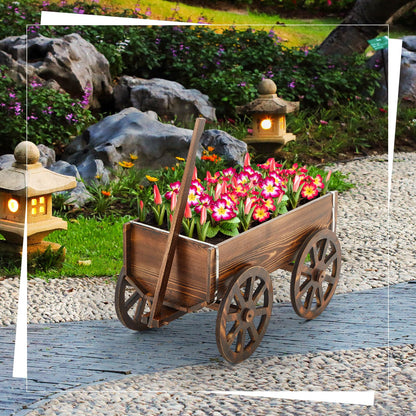 Beeveer Wooden Wagon Flower Planter Cart Garden Planter Box with Wagon Wheels Cart for Home Garden Outdoor Balcony Decorative, Patio Flowers Herbs Vegetables, Brown 34 x 23.5(Small Classic)