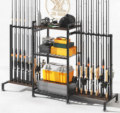 SOYEEZE Fishing Rod Holder for 28 Rods, Ground Stand Fishing Pole Holders for Garage, 3-Sided Vertical Fish Rod Rack for Tackle Box, Fishing Supplies,a Display Fish Gear Storage Gift