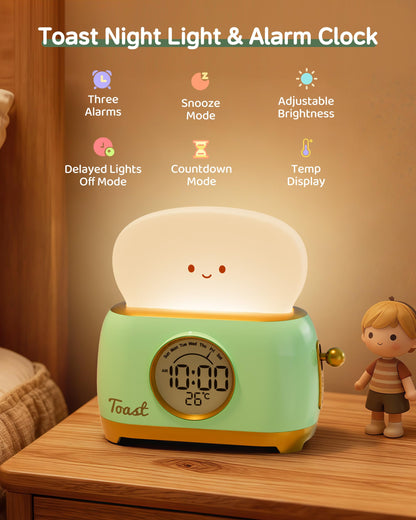 Aokpsrt Alarm Clock for Kids, Cute Toast Night Light Alarm Clocks for Bedrooms, Dimming Rechargeable Small Led Desk Clock with Snooze & Countdown for Room Decor, Bedside Clock for Teen Girls Boys