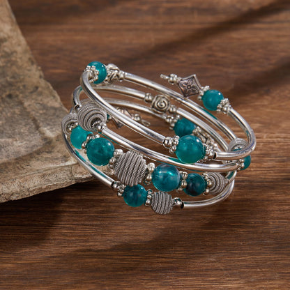 PEARL&CLUB Beaded Chakra Bangle Turquoise Bracelet - Fashion Jewelry Wrap Bracelet with Thick Silver Metal and Mala Beads, Birthday Gifts For Women(Sea green)