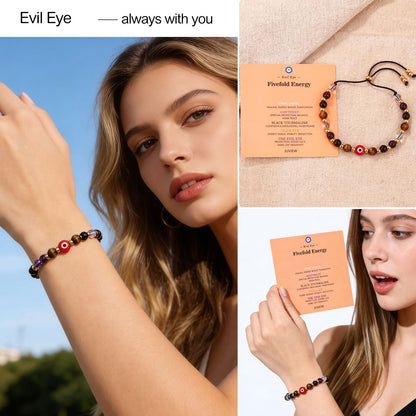 Cute Evil Eye Bracelet Red Black - Natural Crystal Protection Adjustable Spiritual Guardian Jewelry- 5 Healing Stones Clear Quartz Amethyst Black Tourmaline Tiger Eye Bracelet Adjustable (Red Eye-Black Rope)
