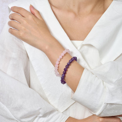 Bivei 2-Piece 8mm Beaded Bracelets for Women – Amethyst, Rose Quartz – Handmade Natural Crystal Stretch Elastic Jewelry for Meditation, Yoga, Protection Gifts