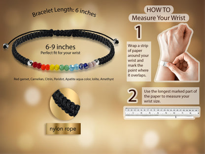 AeraVida Chakra Rainbow Healing Stone Bracelet for Couples | Adjustable 6-9 Inch Rope String Jewelry with Sterling Silver Accent for Men and Women (Black Rope)