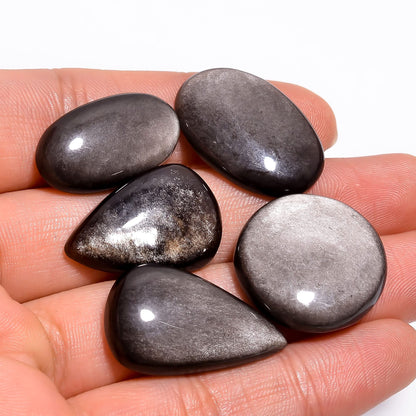 Natural Silver Obsidian Gemstone- Healing Crystals for DIY Jewelry Making -Loose Natural Cabochon -Perfect for Crafting Unique Jewelry Designs (5 pcs, 25-35 mm)