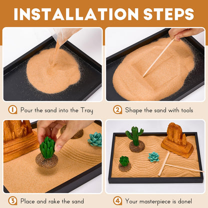 Desert Zen Garden Kit for Desk,12.6x8.6in Premium Sand Tray with 4 Artificial Features, Brown Sands, 3 Wood Tools，Mini Southwestern Desert Decor Zen Sand Garden Set for Home, Office Desk