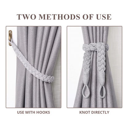 NICEEC 2 Pack Natural Cotton Rope Curtain Tiebacks Elegant Boho Style Decorative Drape Tie Backs Soft Hand-Woven Rope Curtain Holdbacks with Metal Hook for Home & Office Drapery (Light Grey)