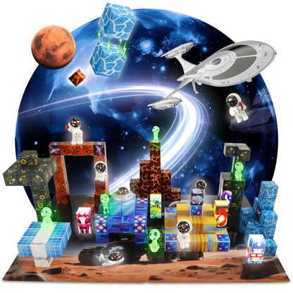 PLAYIQ 181-Piece Magnetic Building Blocks Set – STEM Toys for Kids Ages 3+ | Educational Space-Themed Magnetic Construction Kit with LED Light-Up Cubes | Sensory Gift Toy for Boys & Girls