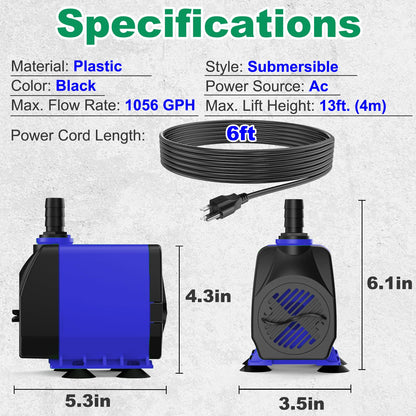 Knifel Submersible Pump 1056GPH (4000L/H 85W) Ultra Quiet with Over Heating Protection 9.8ft Power Cord for Fountains, Hydroponics, Ponds, Aquariums & More…