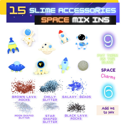 FINOCLAY Galaxy Slime Kit for Kids, 6 Pack Different Scented Strechy Metallic Slime with 15 Space Charms and Mixins, Glow Neon & Clear Putty Toy Set for Girls Boys, Space Adventure Party Toy