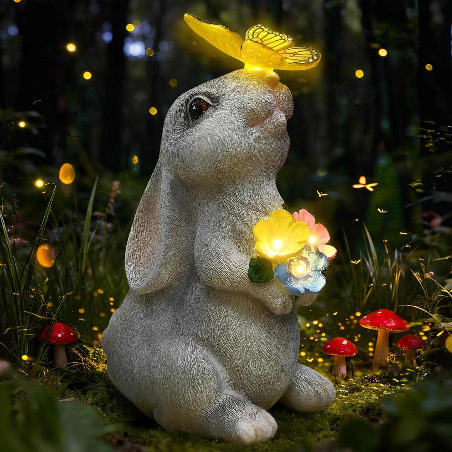 IDEA SHOW Solar Garden Statue Outdoor Decor, Rabbit Figurine with Butterfly LED Lights, Bunny Statue for Garden, Yard Decor, Lawn Ornament, Valentine's Day Birthday Gift for Women Mom Grandma