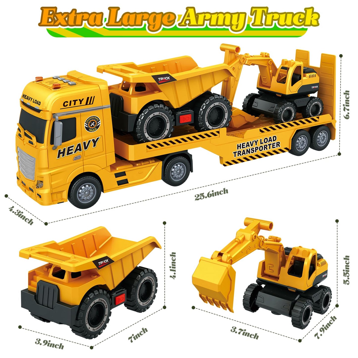 lonfypeng 3-in-1 Construction Truck Toy for Ages 3-6 – 25.6 Inch Extra-Large Semi-Truck with Lights & Sounds, Detachable Excavator and Light & Sound Dump Truck, Inertia Vehicle Set