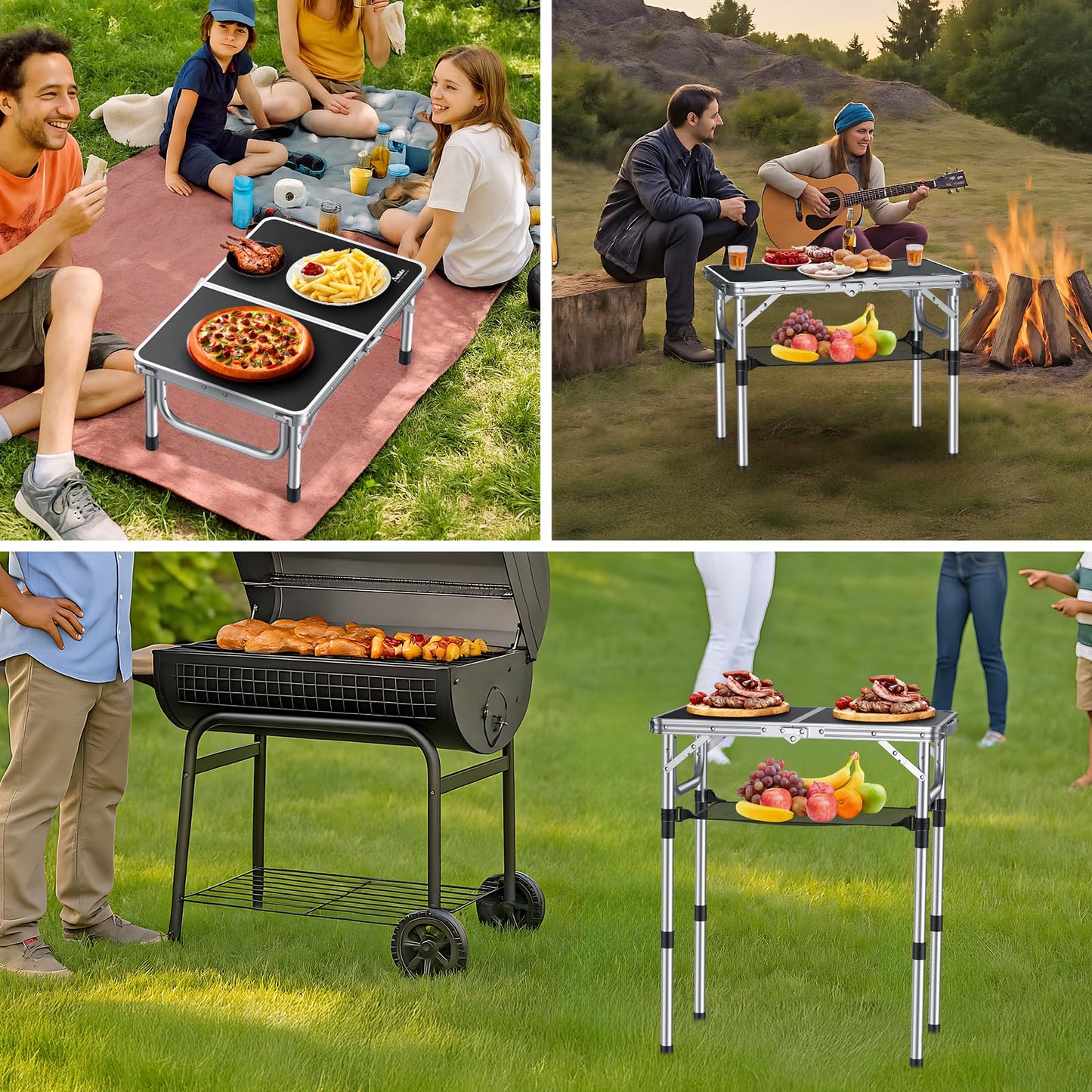 Anbte Folding Camping Table, Aluminum 24" x 16" Adjustable Height Small Folding Table with Carrying Handle, Lightweight, Portable Camping Table Waterproof for Outdoor Indoor Picnic Beach BBQ (Black)
