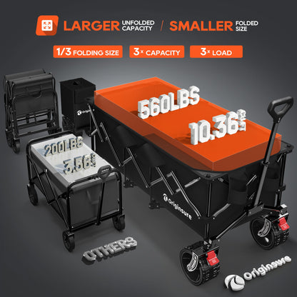 48" L Folding Beach Wagon Cart Foldable, 560lbs Weight Capacity 300L Heavy Duty Collapsible Wagons with Big All-Terrain Wheels, Utility Carts for Groceries, Shopping, Camping, Sports - Black