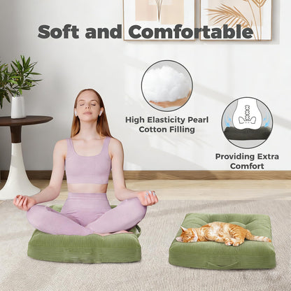 Cyditan Beige Floor Cushion Floor Sitting Cushions Tufted Velvet Portable Seat Cushions with Handle, 18x18 Inch Set of 2, Machine Washable Chair Pads for Kitchen Dining Room Patio Seats