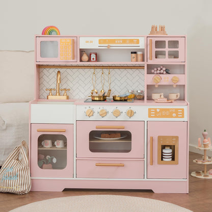 Pink Wooden Play Kitchen for Kids– Realistic Appliances, Storage & 15 Fun Accessories for Inspiring Pretend Play (Ages 3+)