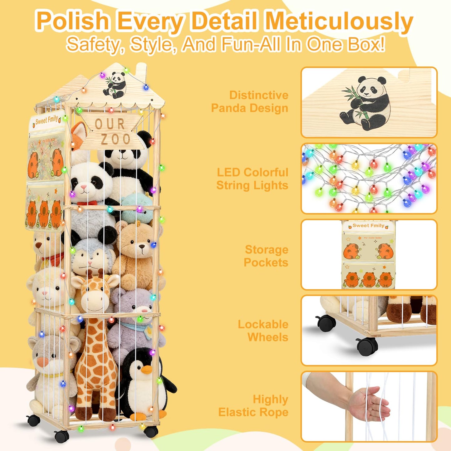 Stuffed Animal Storage, Extra Large Stuffed Animal Organizer with Wheels, Wooden Tall Animal Zoo Display Tower, Plushies Toy Holder with Lights and Pockets for Nursery, Playroom, Bedroom