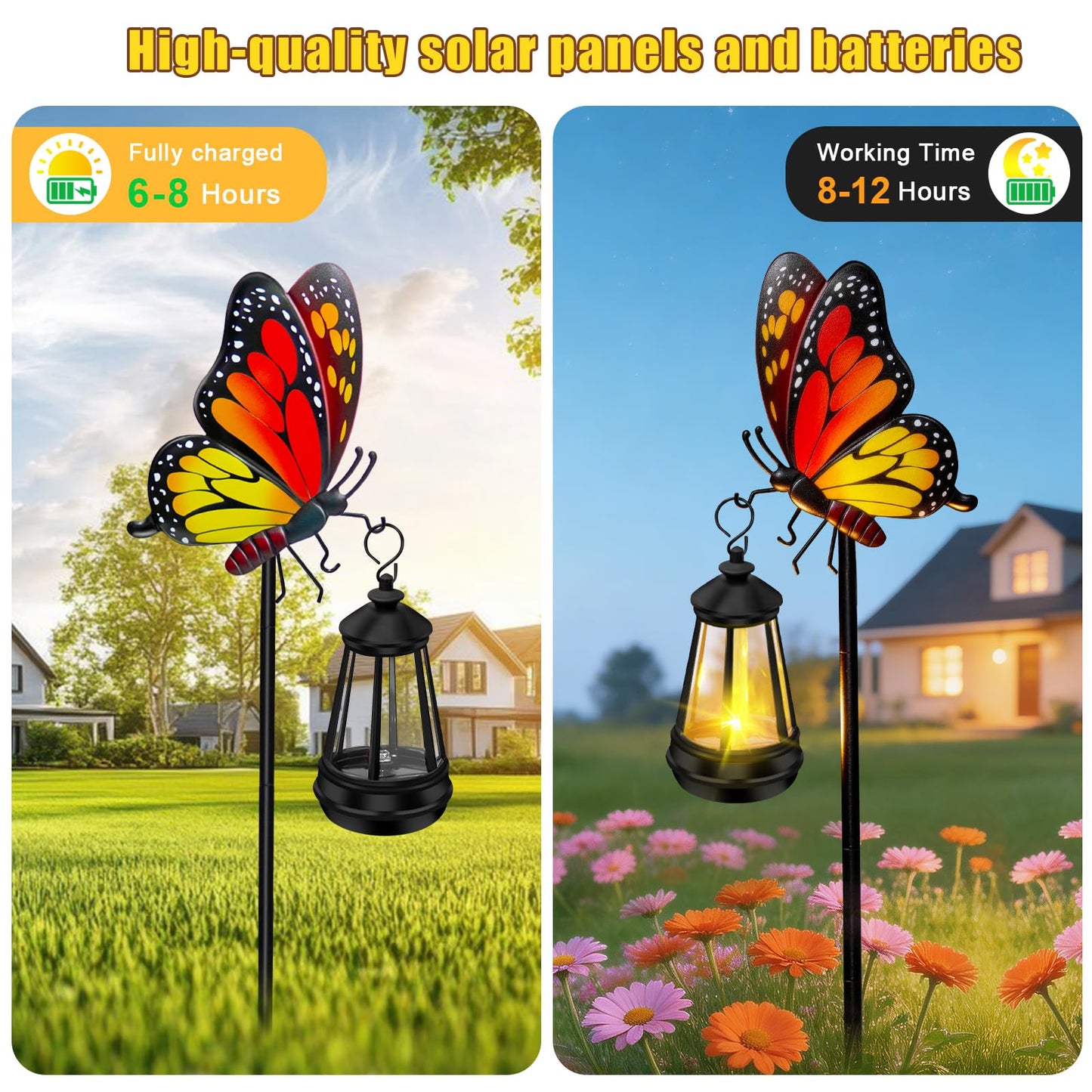 ZFNN Solar Garden Decor Lights Outdoor Waterproof, Metal Butterfly Stakes with Solar Lanterns, Solar Garden Lights for Decorative Yard Art Outside Patio Lawn Ornaments, Gifts for Women Mom